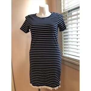 Beach Lunch Lounge NWOT Blue White Striped Short Sleeve Dress Fringe Large